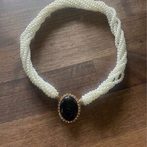 Elegant Faux Pearl Necklace with Black and Gold Pendant